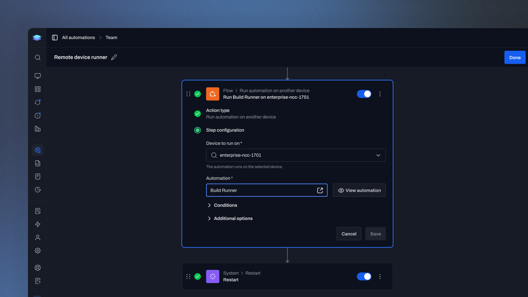 Product shot of the run automation on another device action