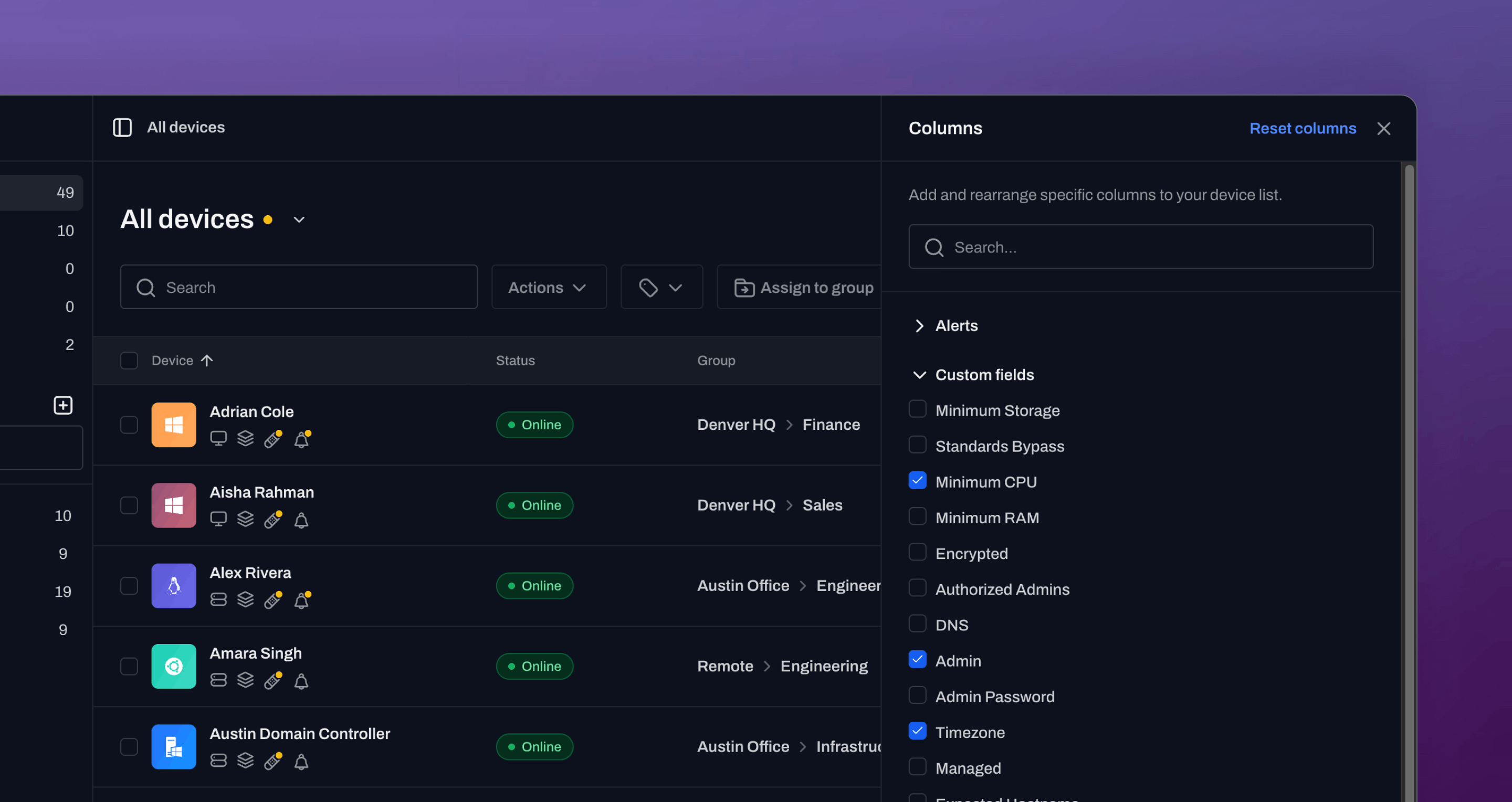 Device list column selector with custom fields category